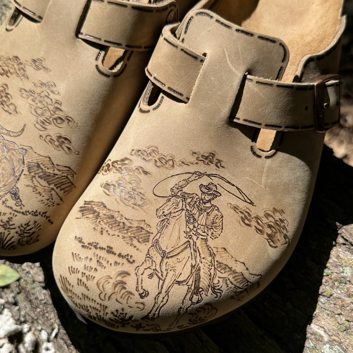 cowboy roping bull on tobacco brown clogs (oiled leather)