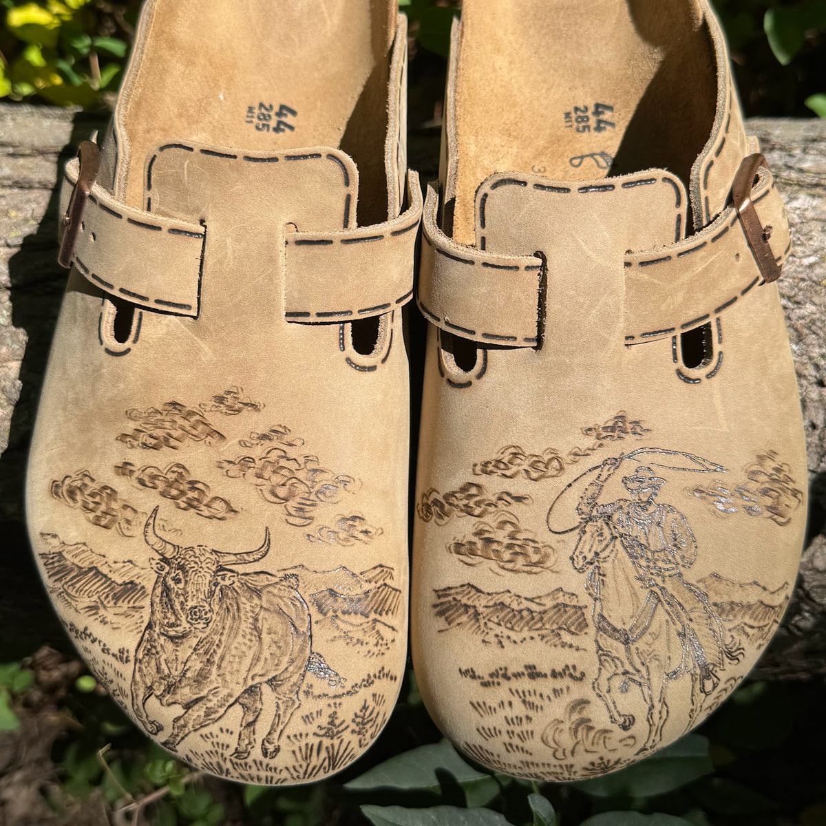cowboy roping bull on tobacco brown clogs (oiled leather)