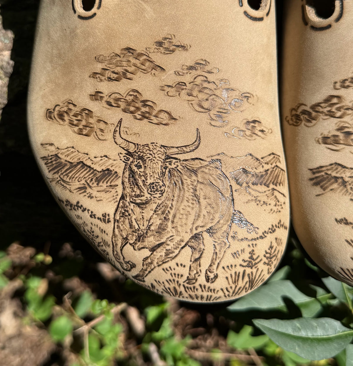 cowboy roping bull on tobacco brown clogs (oiled leather)