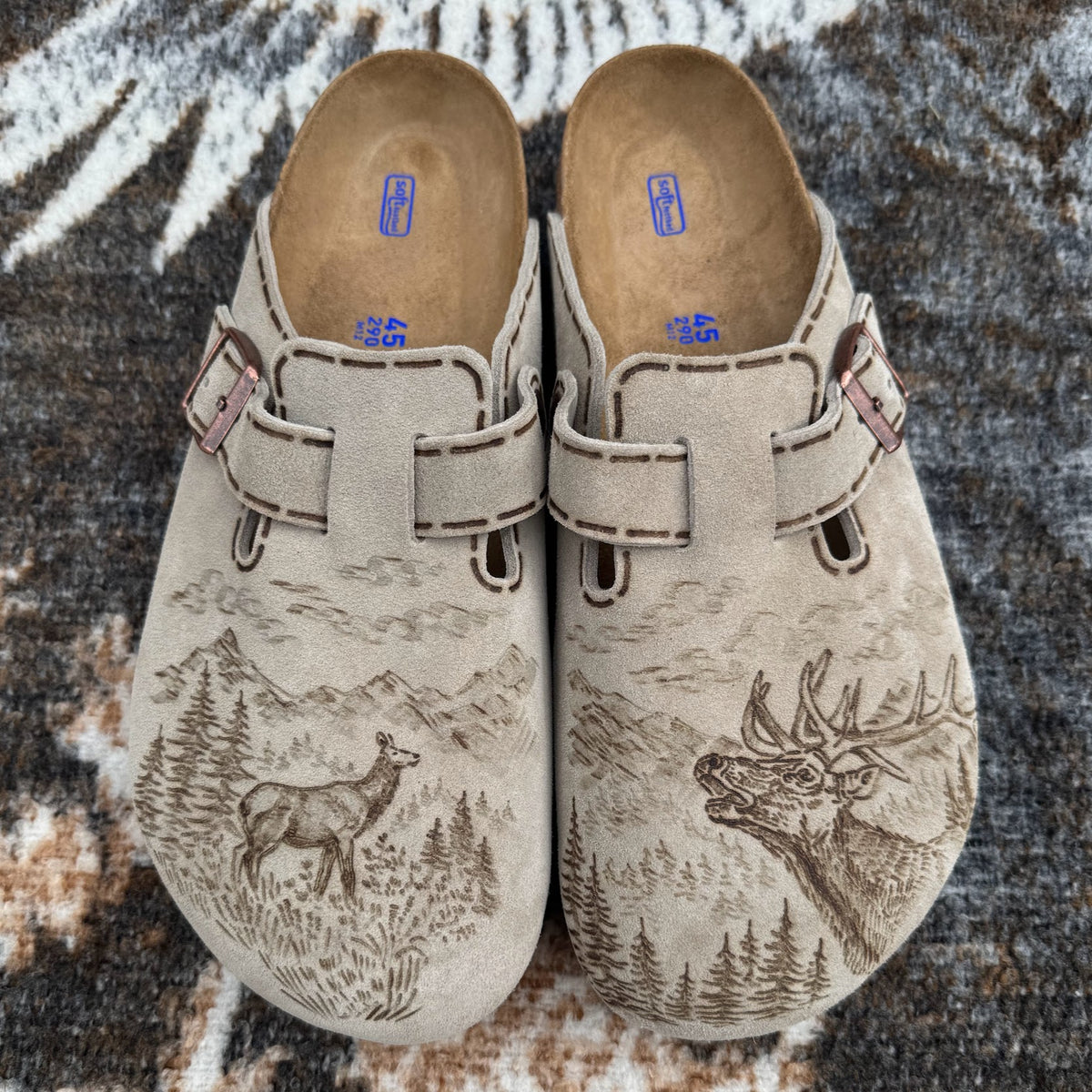 bull elk and cow on taupe clogs (suede leather)