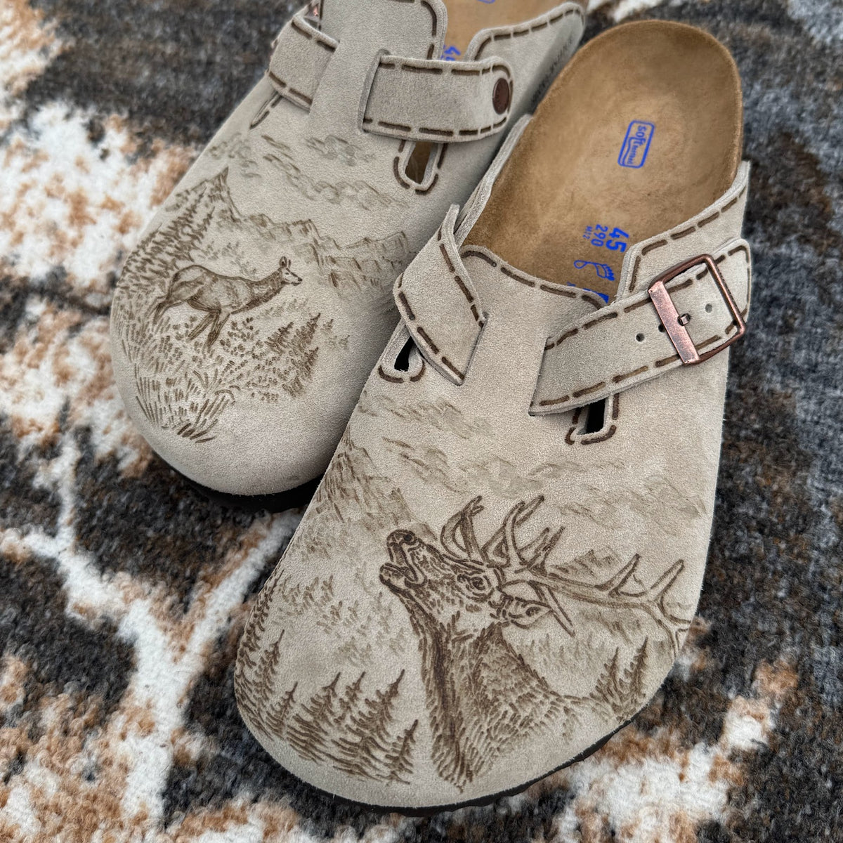 bull elk and cow on taupe clogs (suede leather)