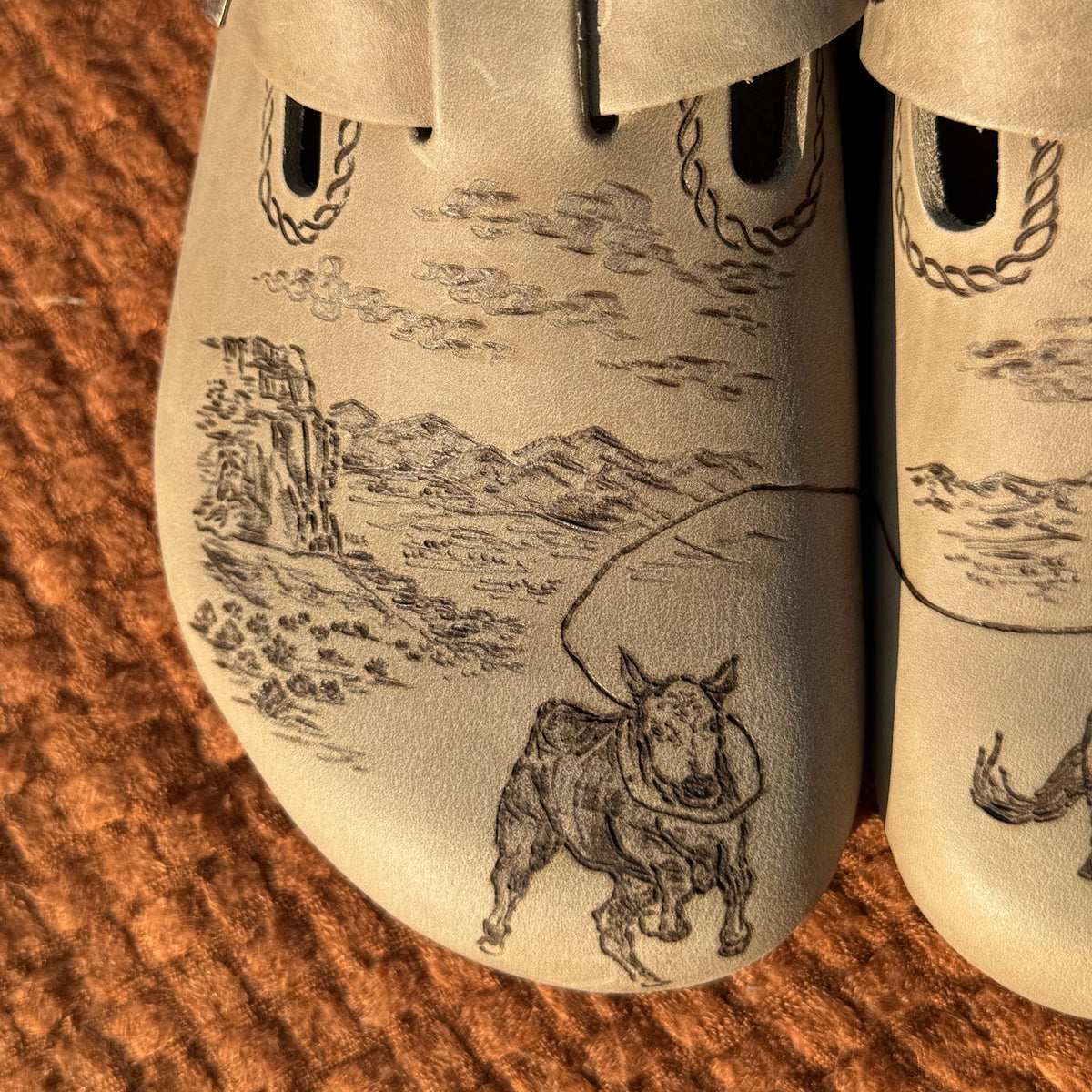 cowboy roping bull on tobacco brown clogs (oiled leather)