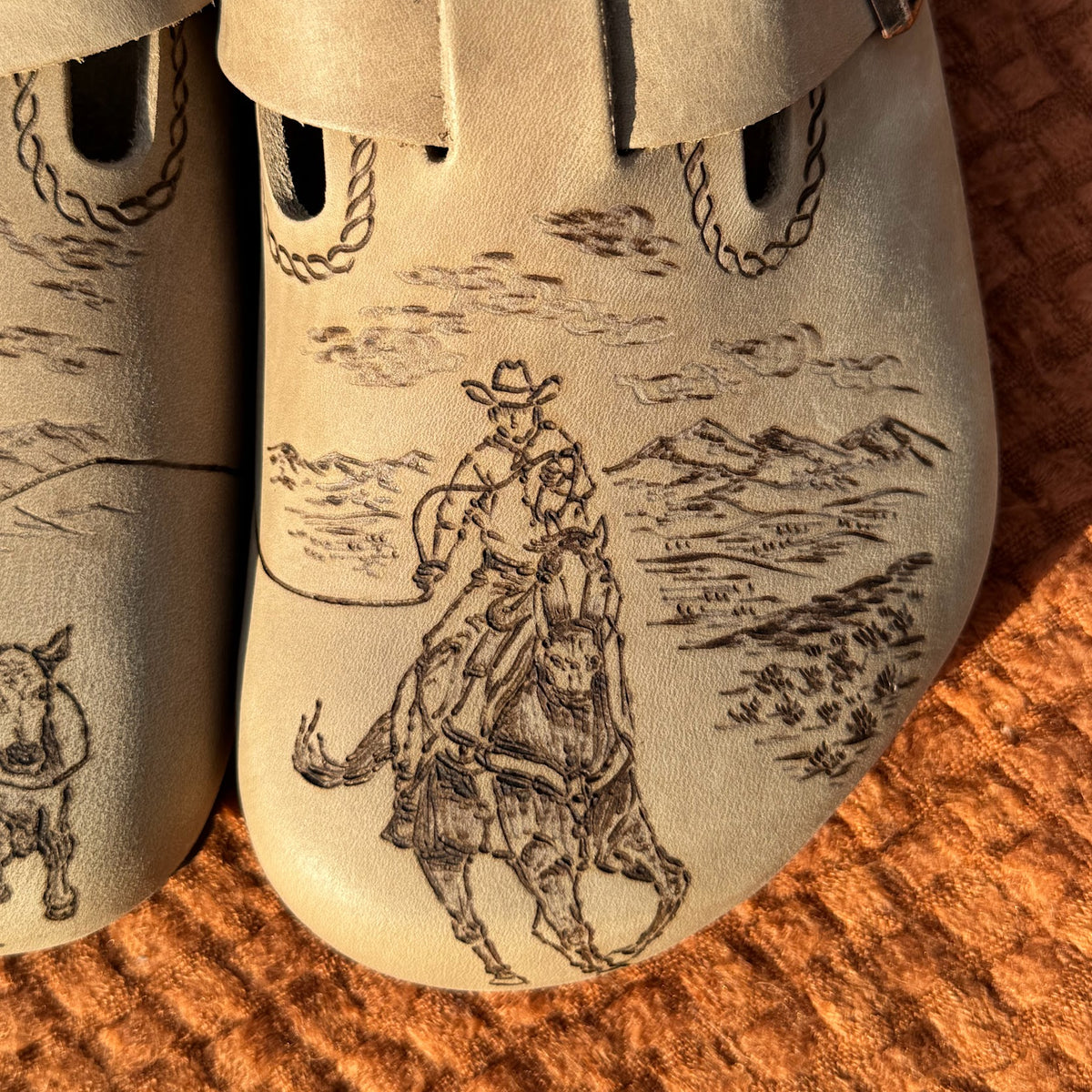 cowboy roping bull on tobacco brown clogs (oiled leather)