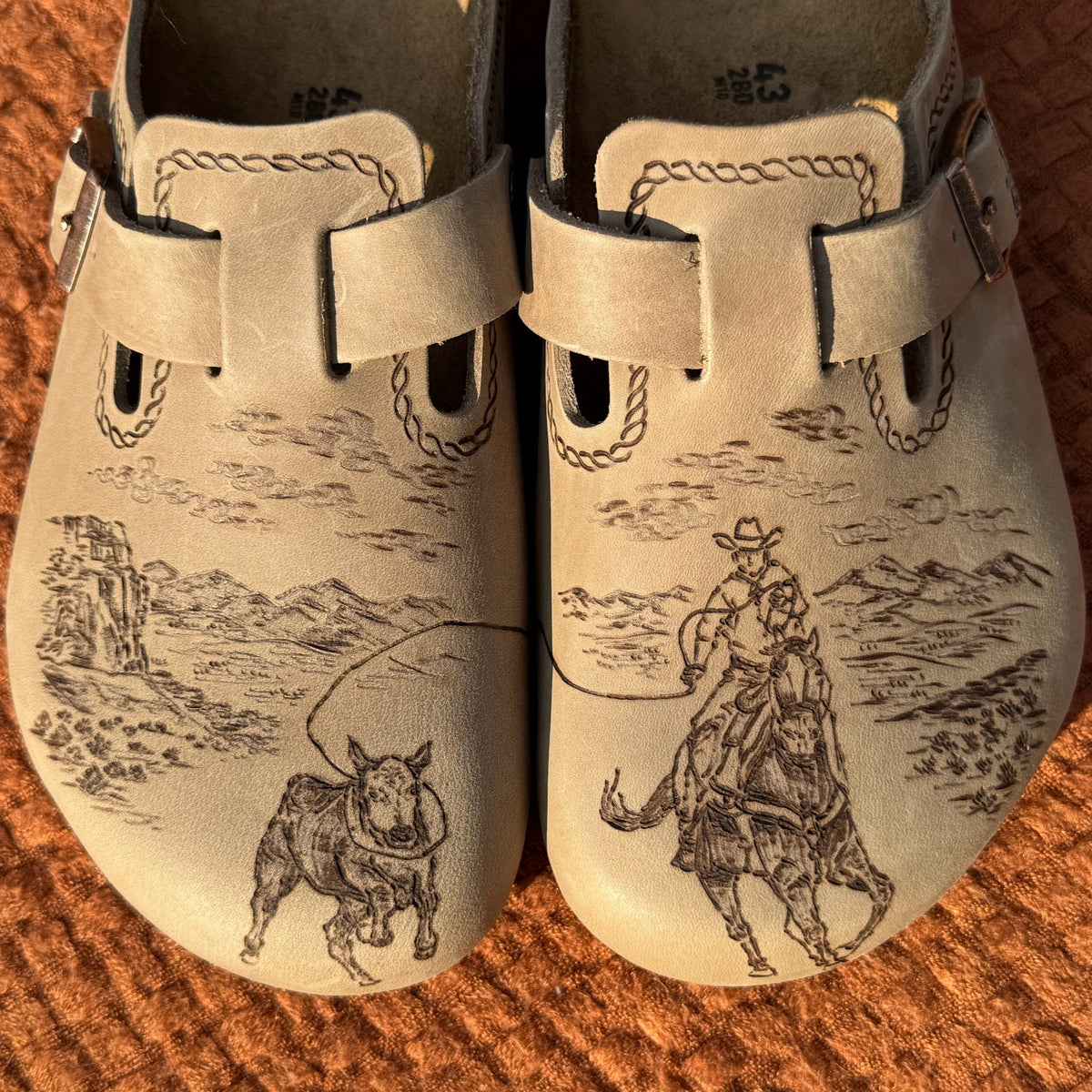 cowboy roping bull on tobacco brown clogs (oiled leather)