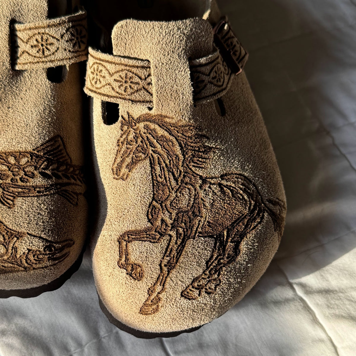 horse and fish on taupe clogs (suede leather)