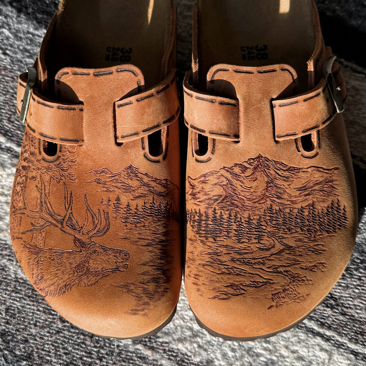 elk and landscape on cognac clogs (oiled leather)