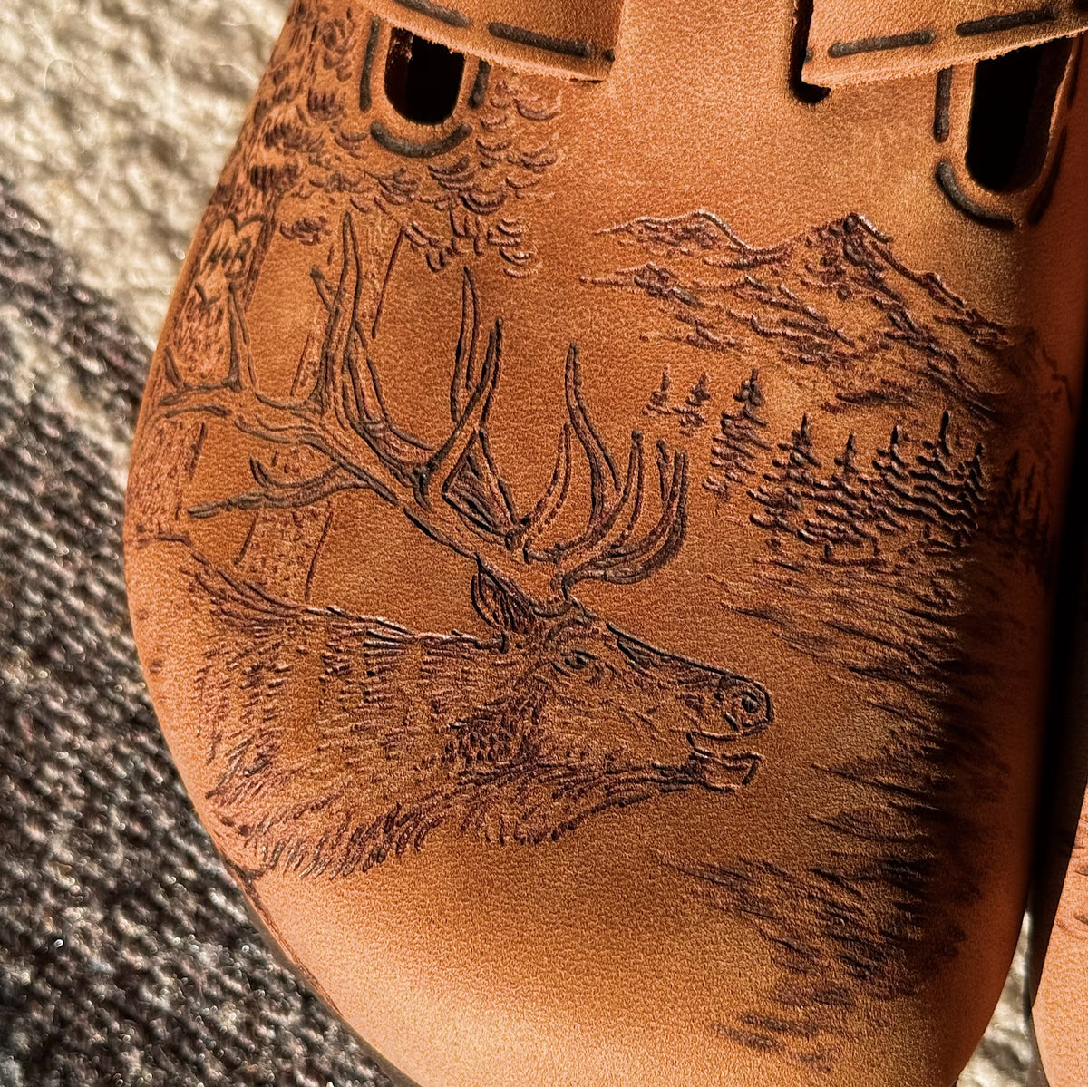 elk and landscape on cognac clogs (oiled leather)