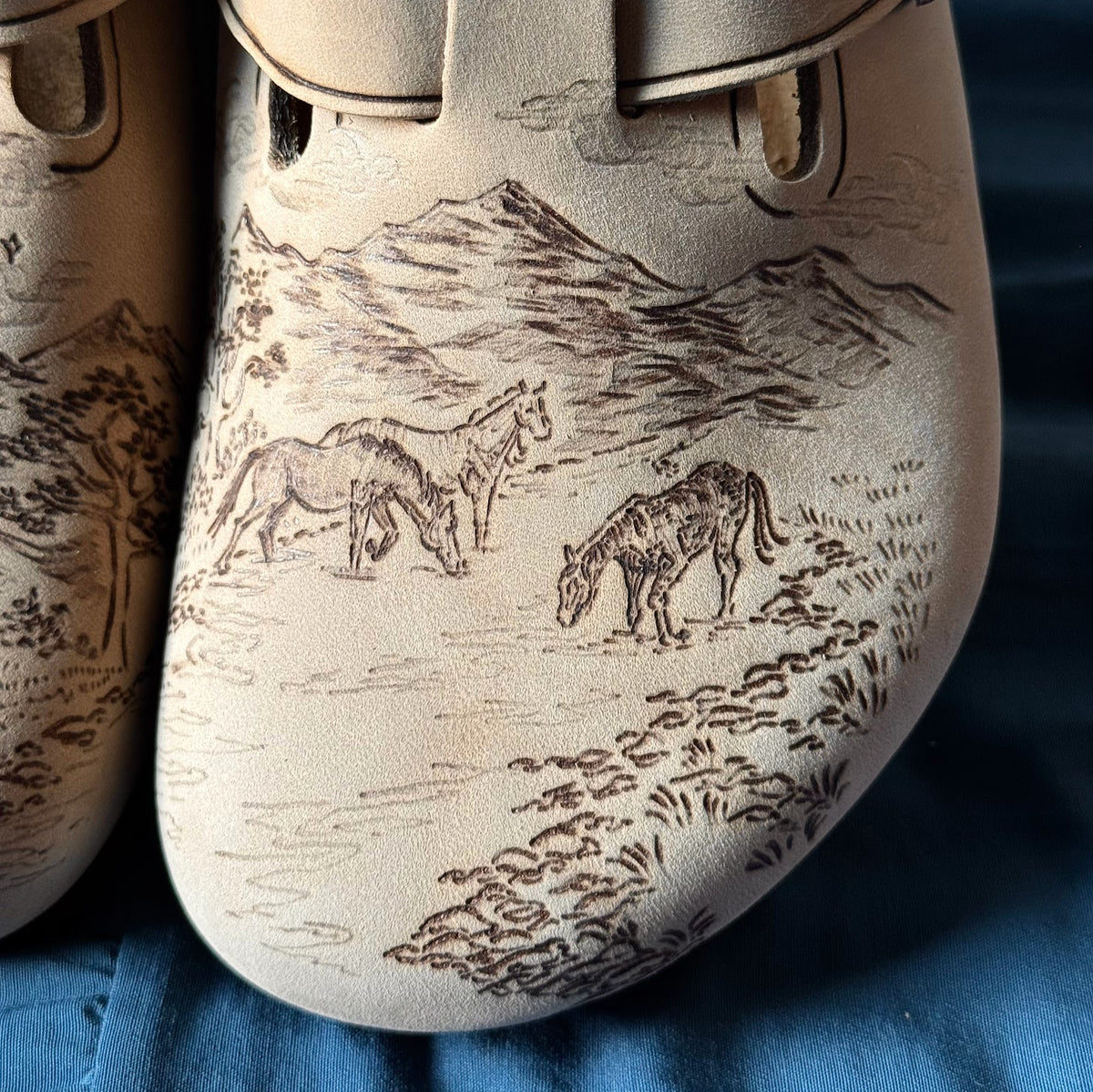 moonlight river scene on tobacco brown clogs (oiled leather)
