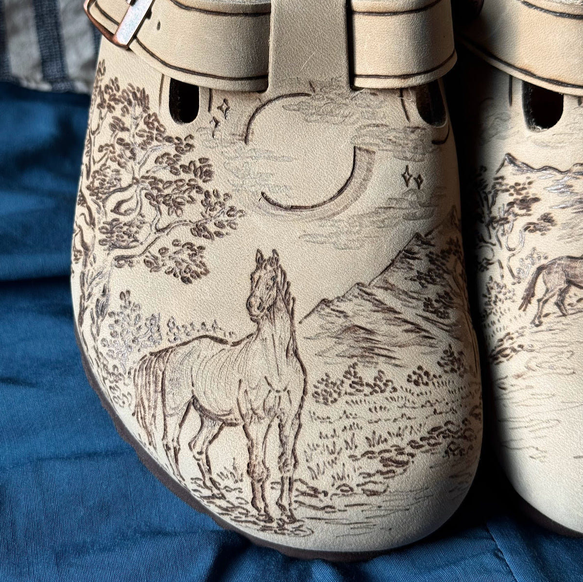 moonlight river scene on tobacco brown clogs (oiled leather)