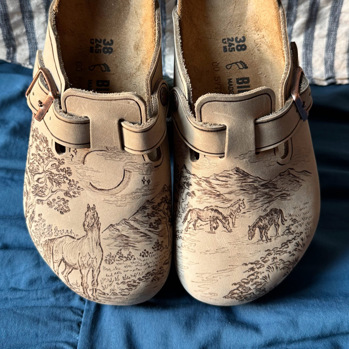 moonlight river scene on tobacco brown clogs (oiled leather)