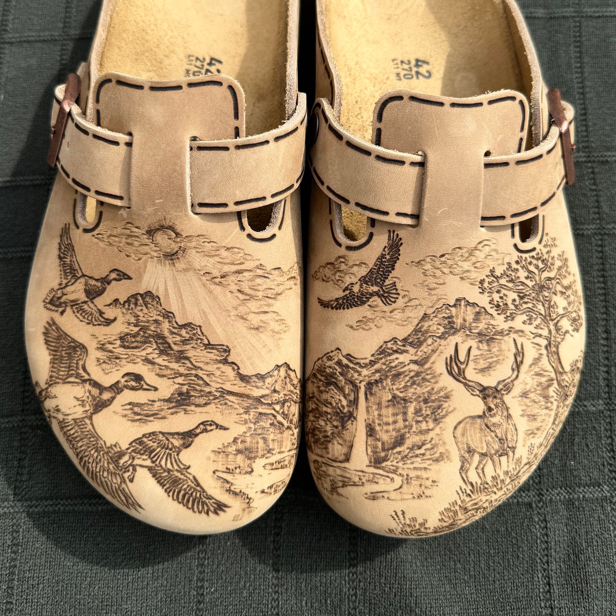 duck, mule deer, and waterfall scene on tobacco brown clogs (oiled leather)