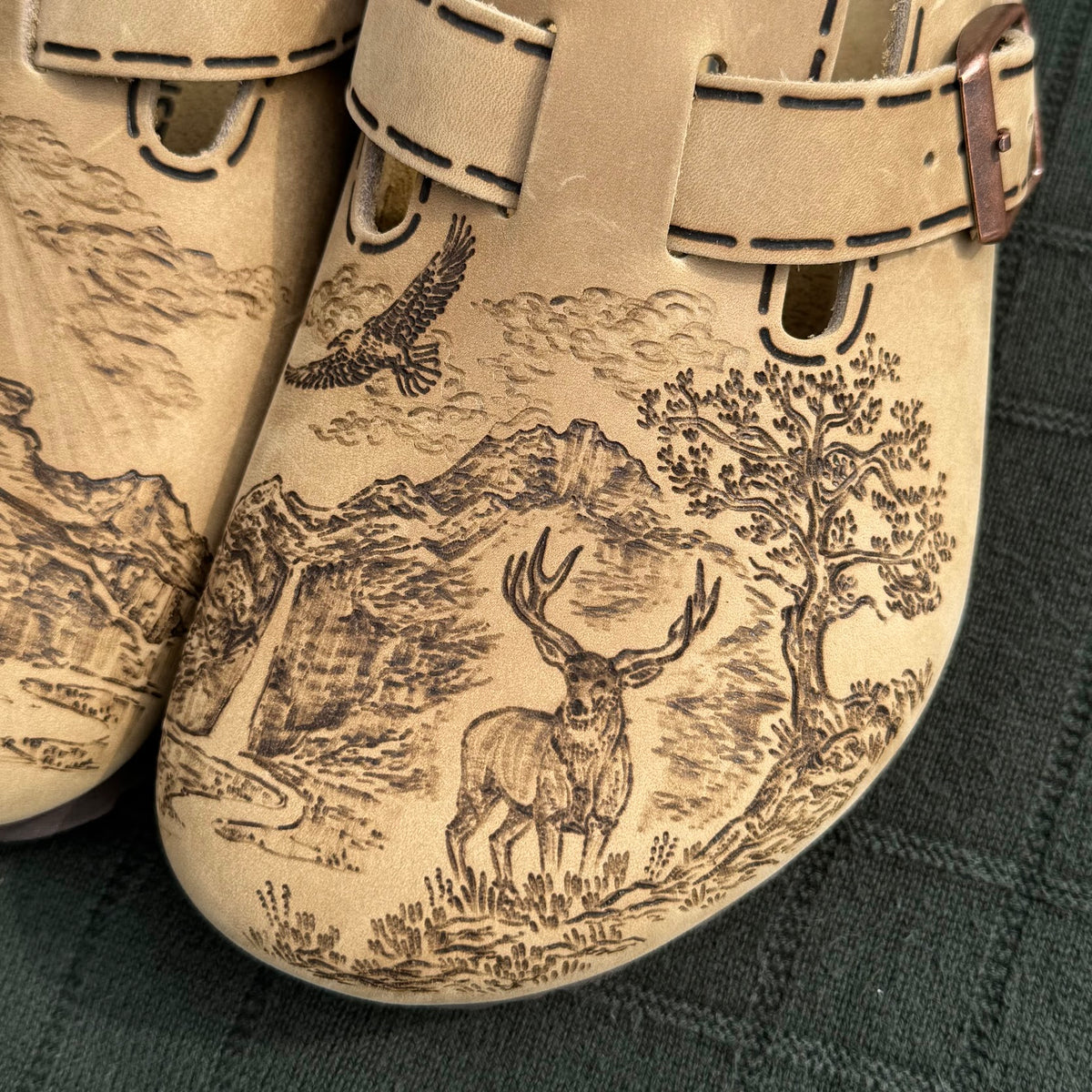duck, mule deer, and waterfall scene on tobacco brown clogs (oiled leather)