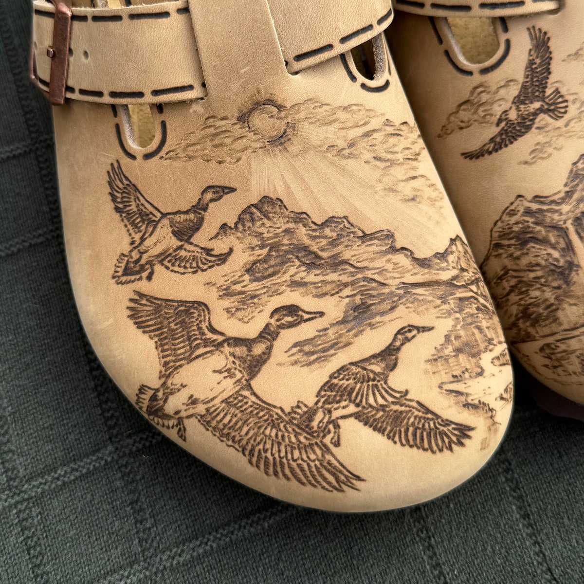 duck, mule deer, and waterfall scene on tobacco brown clogs (oiled leather)