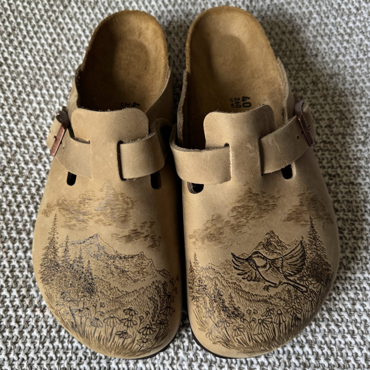 mountain scene with bird on tobacco brown clogs (oiled leather)