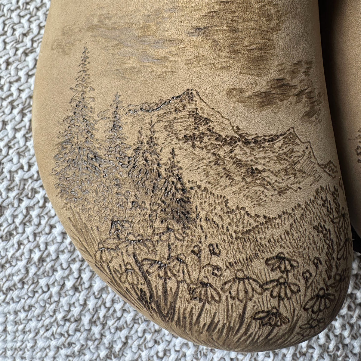 mountain scene with bird on tobacco brown clogs (oiled leather)