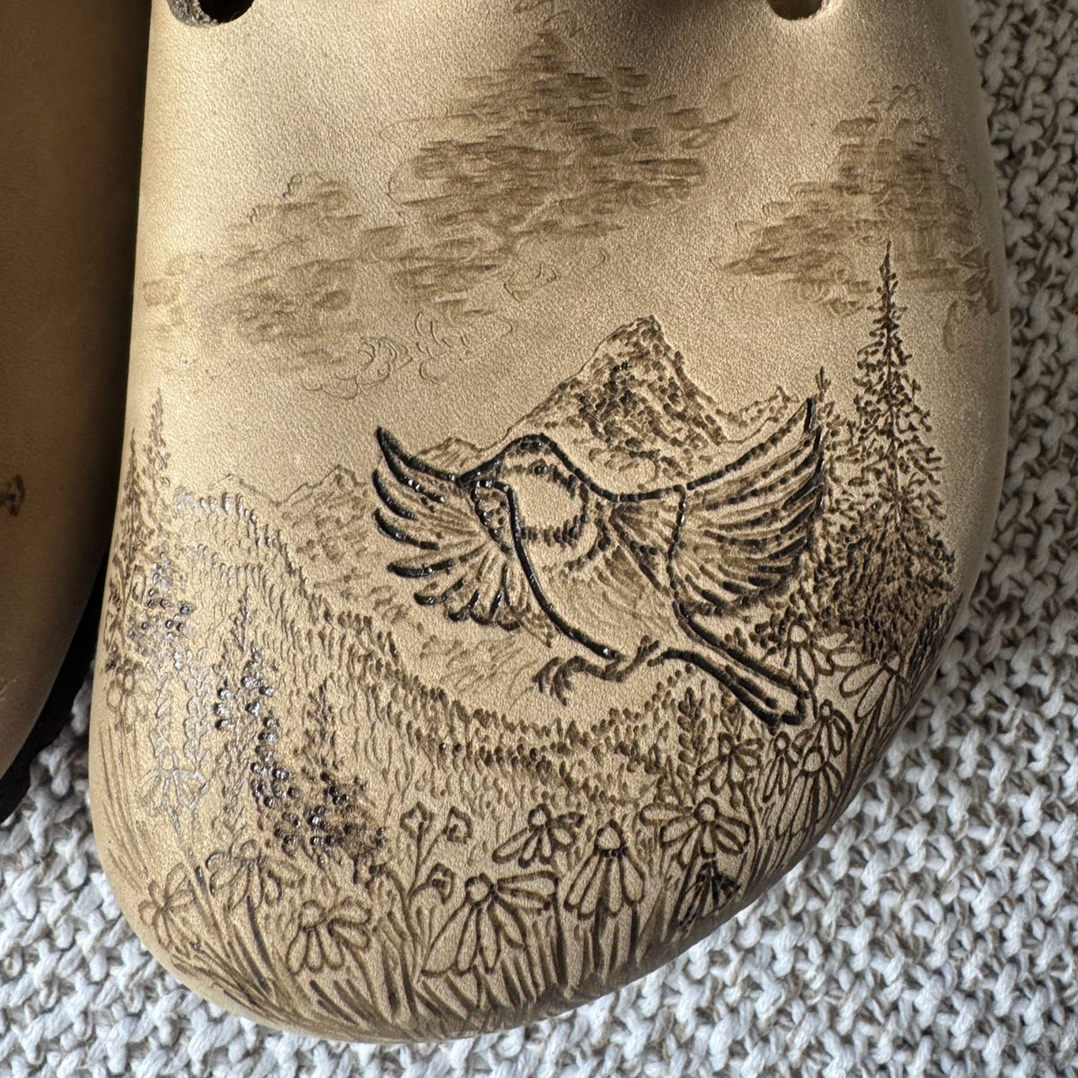 mountain scene with bird on tobacco brown clogs (oiled leather)