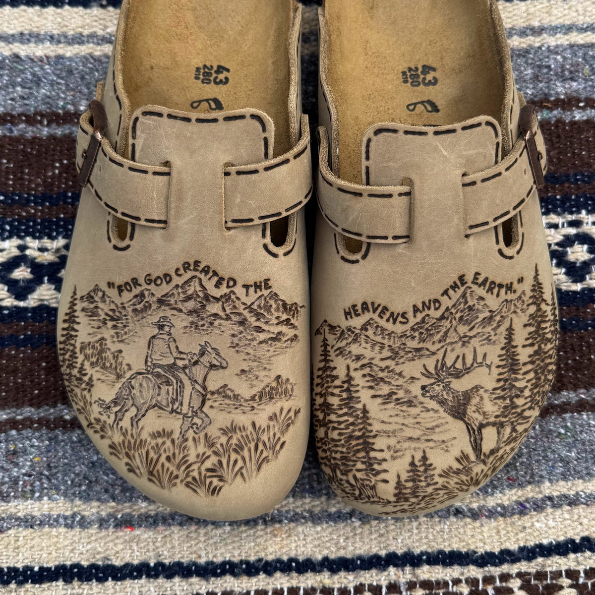 cowboy with verse on tobacco brown clogs (oiled leather)