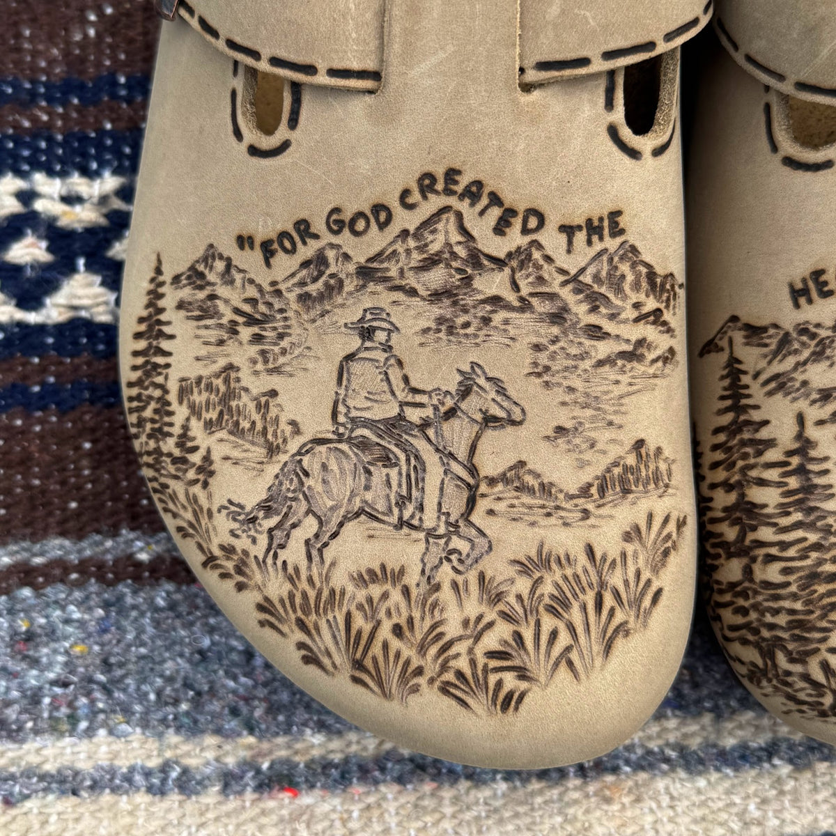 cowboy with verse on tobacco brown clogs (oiled leather)