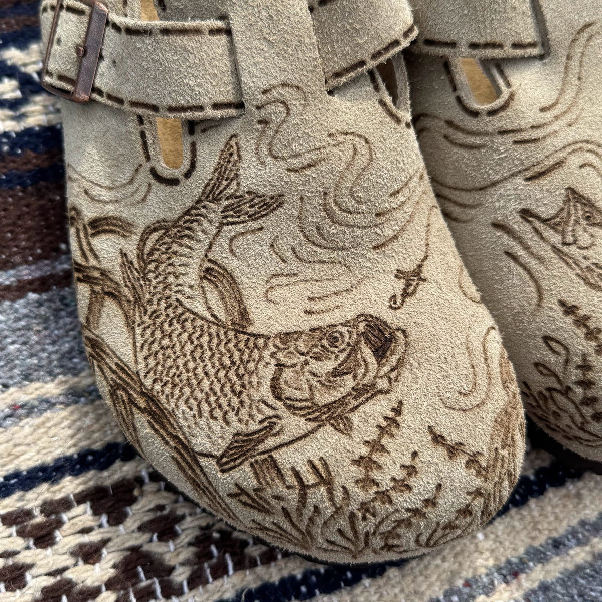 snook, tarpon, redfish on taupe clogs (suede leather)
