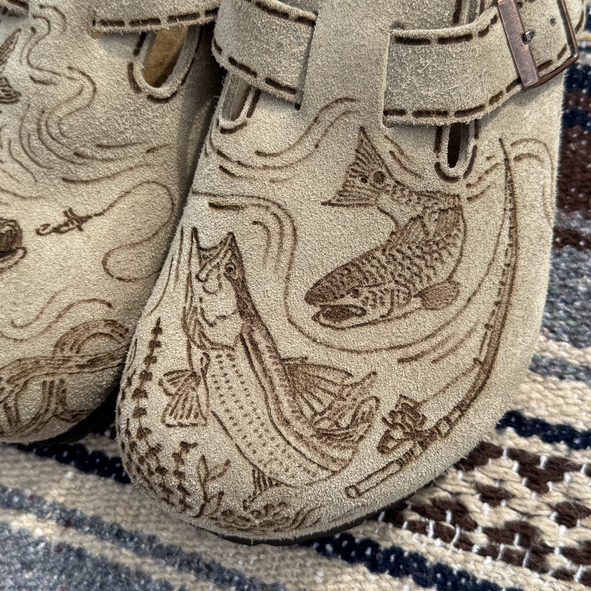 snook, tarpon, redfish on taupe clogs (suede leather)