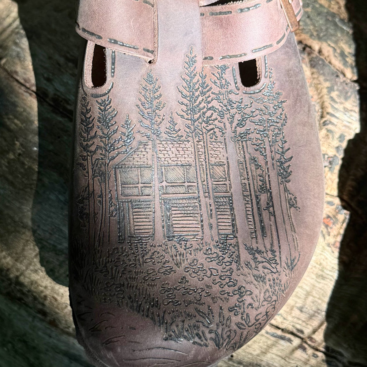 cabin and trout scene on habana clogs (oiled leather)