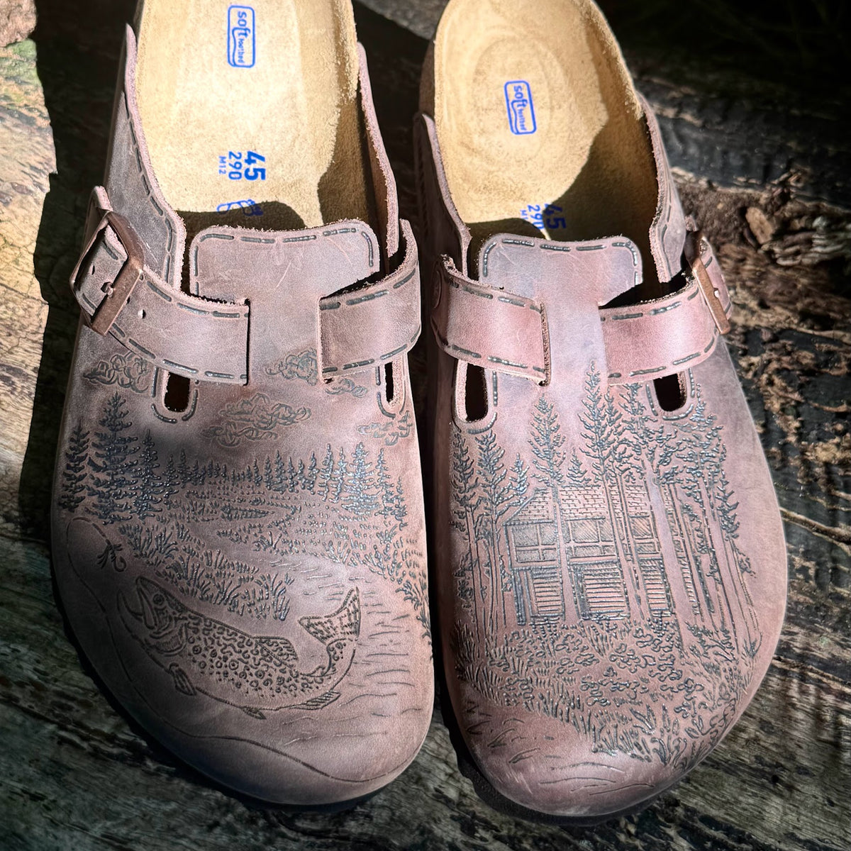 cabin and trout scene on habana clogs (oiled leather)